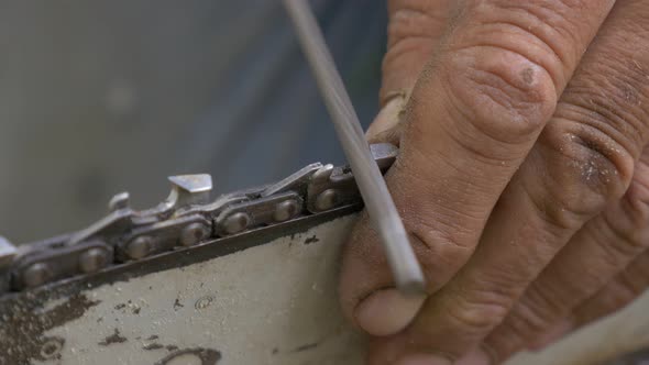Cutting chainsaw tooths preparing for wood cutting 4K 2160p UHD footage - Sharpening chainsaw  cutti