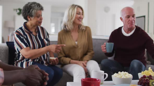 Two diverse senior couples sitting on a couch drinking tea together at home