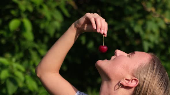 Beautiful Blonde Eats Juicy Ripe Cherries Fruit Diet