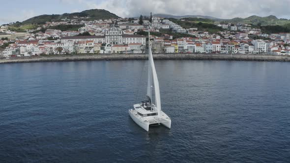 Aerial View of Sailboat in a regatta off the coast of Matriz, Azores, Portugal.