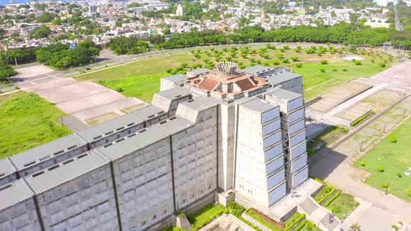 Lighthouse Of Christopher Columbus Monument in Santo Domingo, Dominican Republic - aerial drone shot