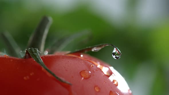 Extreme close-up of water drip on tomato in slow motion; shot on Phantom Flex 4K at 1000 fps