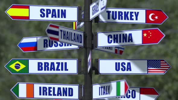 a Road Sign Indicating Tourist Destinations Aimed at Countries