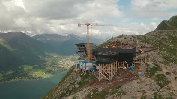 Romsdalsgondolen Crane And Eggen Restaurant Overlooking The Mountains And Fjord In Norway. - aerial