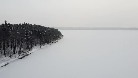 Frozen lake with conifer forest on side in cold winter season