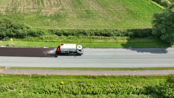 Road Resurfacing Aerial View of Surface Dressing Micro Asphalt Process