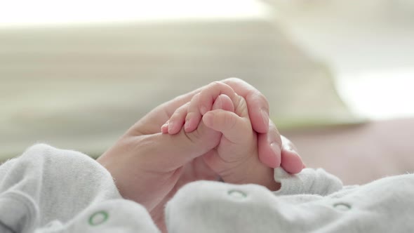 Newborn Baby Hand Holding Mother Mom Touching Baby Tiny Hand to Make Him Feeling Her Love Warm and