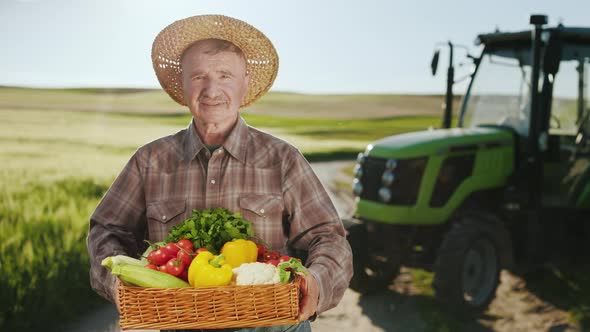 An Old Farmer is Standing By a Tractor in a Field and Looking at the Camera
