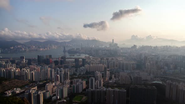 Cityscape Hong Kong Districts at Blue Harbor Against Hills