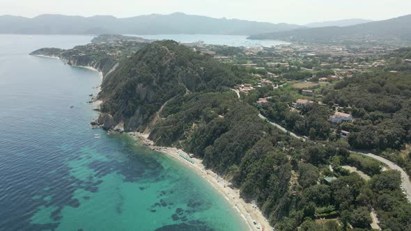 Stunning aerial drone view of Elba Island in Italy in front of Portofino Piombino