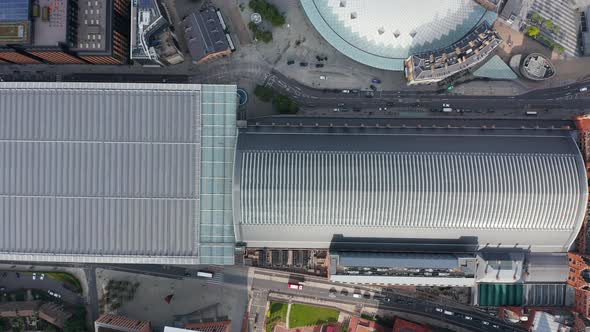 Aerial Birds Eye Overhead Top Down Panning View of St Pancras Train Station Large Roof