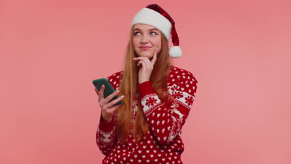 Girl in Christmas Santa Sweater Looking for Presents Gift for Friends and Family Online Shopping