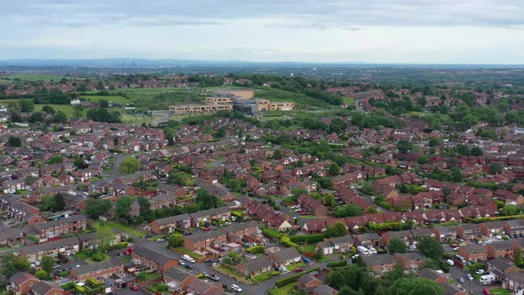 Aerial footage over a housing estate in Bolton, England