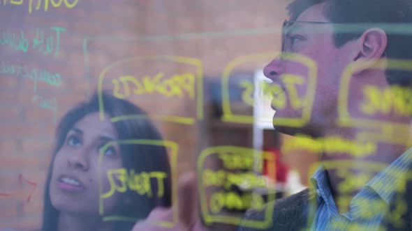 Businesswoman discussing project written on glass wall with colleague