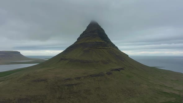 Kirkjufell Mountain and Sea in Summer. Iceland. Aerial View