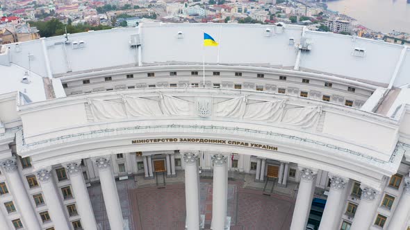 Building of the Ministry of Foreign Affairs of Ukraine with a Waving Flag on Top. Aerial Footage