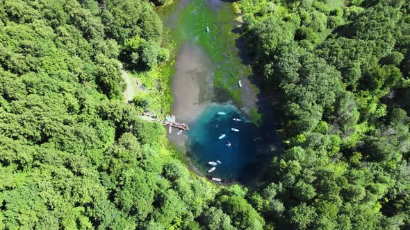 Vacation on river. People are paddling in lagoon. Banks overgrown with forest