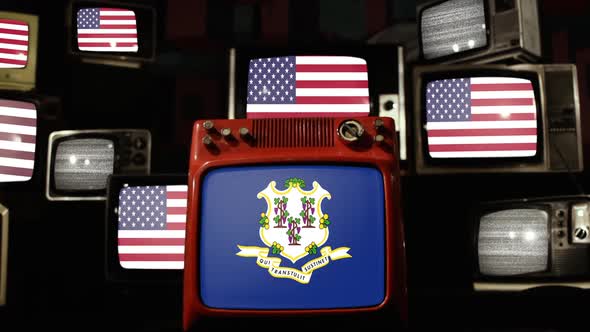 Flag of Connecticut and US Flags on Retro TVs.