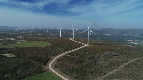 Aerial View of Windmills on Wind Farm in Rotation