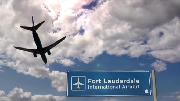 Airplane landing at Fort Lauderdale Florida, USA airport