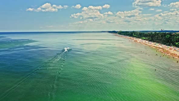 Jet ski on Baltic Sea in summer, aerial view