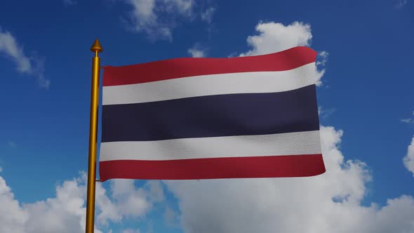 National flag of Thailand waving with flagpole and blue sky timelapse