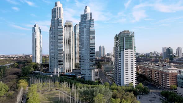 Aerial push-in of skyscrapers at Puerto Madero in Buenos Aires