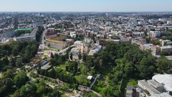 Aerial Shot The City Of Lviv. Temple Of St.Architectural Cathedral Of Saint Jur. Ukraine