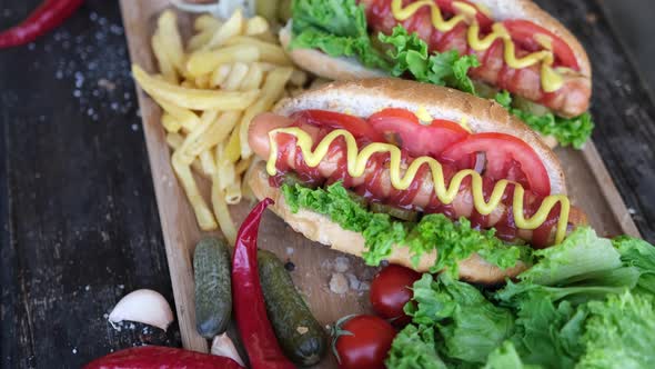 Freshly Made Grilled Hotdogs and French Fries on a Wooden Board