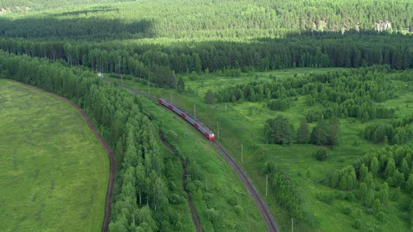 Aerial View of the Train That Goes Through the Forest and Fields