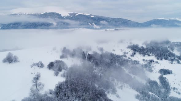 Aerial View in Foggy Sunset Winter Mountain