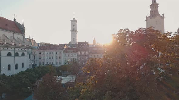 Aerial City Lviv, Ukraine. European City. Popular Areas of the City. Town Hall