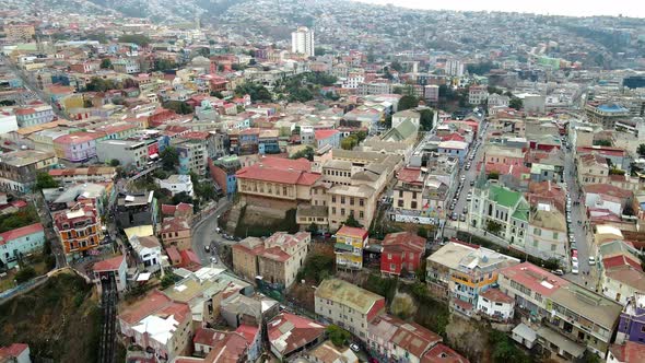Aerial orbit of colorful houses, Lutheran Church and Dimalow Walk in Cerro Concepcion, Valparaiso Se