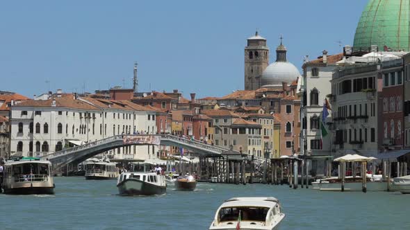 Motorboats Going Along Narrow Channel in Old City, Vaporetti, Slow Motion