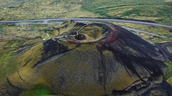 Aerial Drone Flight Over Grabrok Crater Iceland