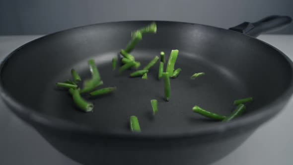 French Beans Are Falling in Slow Motion To the Pan, Fresh Vegetables Are Falling in 240 Fps, Cooking