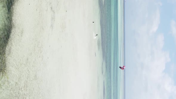 Vertical Video Kitesurfing Near the Shore of Zanzibar Tanzania Aerial View