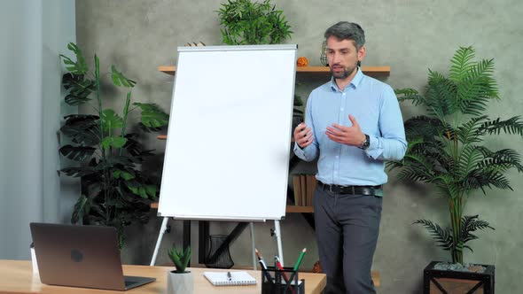 Businessman coach near whiteboard talk teaches students online webcam video call