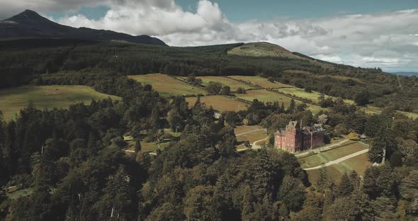 Scotland's Mountains Old Castle Aerial Panning Shot Designed Landscapes of Garden Parks Woods