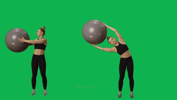 Young Woman in Sportswear Does Exercises Inclinations and Turns with the Ball