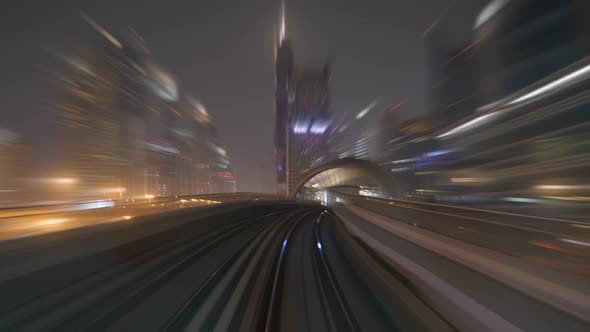 Railway Track Road Driving Through City Skyline Buildings