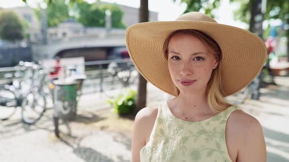 Beautiful Pretty Young Woman Wearing Hat Standing on Summer Street Portrait