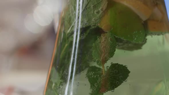 Sprigs of Green Mint and Lemon Slices in Cool Soda Drink