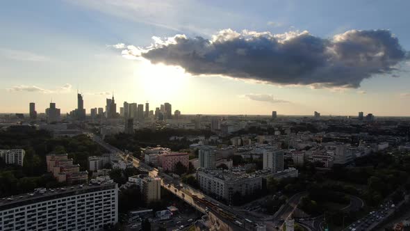 Warsaw downtown seen from a drone during sunset, Poland