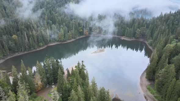 Mountain Lake Synevyr. Aerial View of the Carpathian Mountains in Autumn. Ukraine