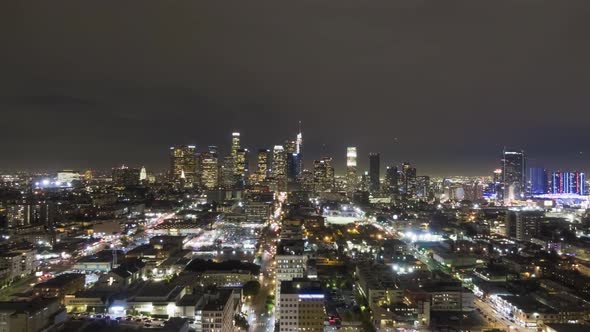 Los Angeles Downtown at Night. California, USA. Aerial View