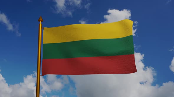 National flag of Lithuania waving with flagpole and blue sky timelapse