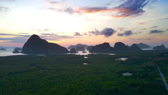 Aerial view scene of Samet Nangshe Bay, Phang Nga province, Landscape mountain and river or lake.