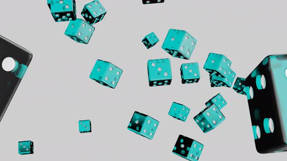 Blue dice falling down on white background.