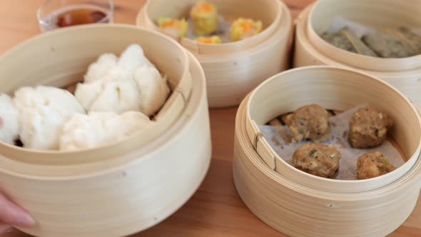 Dim sum in Bamboo basket at Chinese restaurant